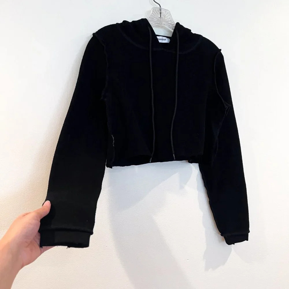 GUIZIO Black Reverse Stitch Cropped Pullover Hooded Designer Sweatshirt XS - Picture 3 of 9